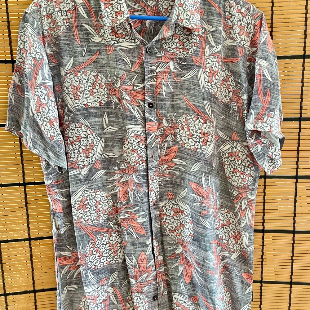Gray and Red Casual Button Down Shirt with Tropical Print